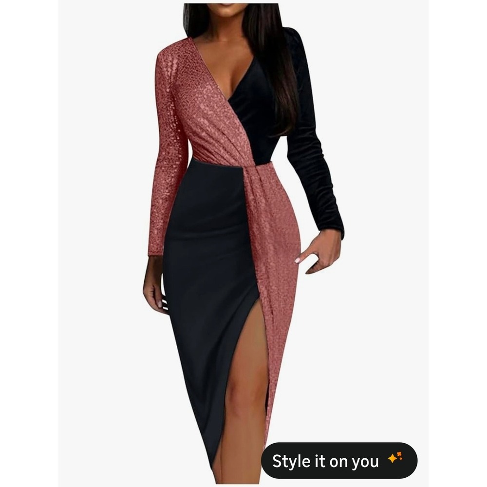 Women‎ Black Rose Gold Metallic Wrap Asymmetrical Midi Dress Long Sleeve Size L